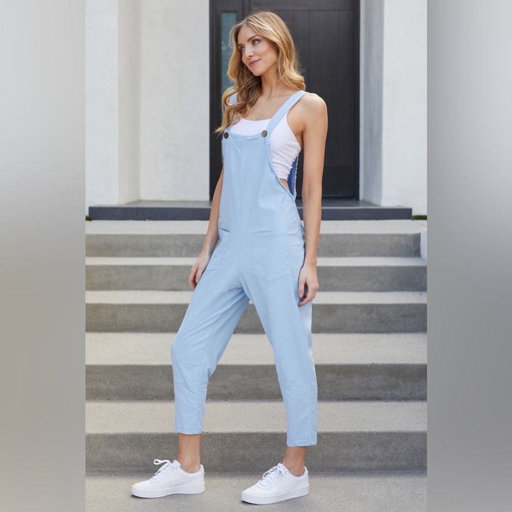 (G1127-SOL-SKY) SOLID COMFY CRINKLE OVERALL - Picture 2 of 3